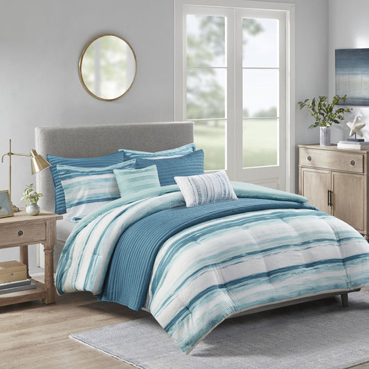 Turqoise and Blue - 8 Piece Printed Seersucker Comforter and Quilt Set Collection