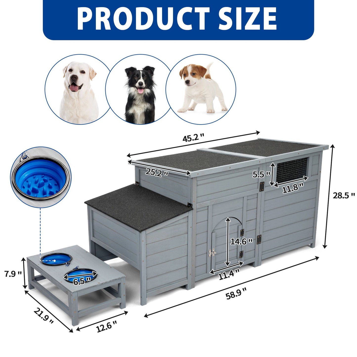 Wood Dog House – Outdoor Dog Kennel with Food Bowls, Storage, and Openable Roof