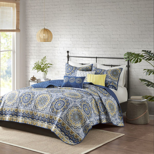 6-Piece Reversible Quilt Set with Throw Pillows – Lighter Blue with Yellow Accents, Full/Queen Size