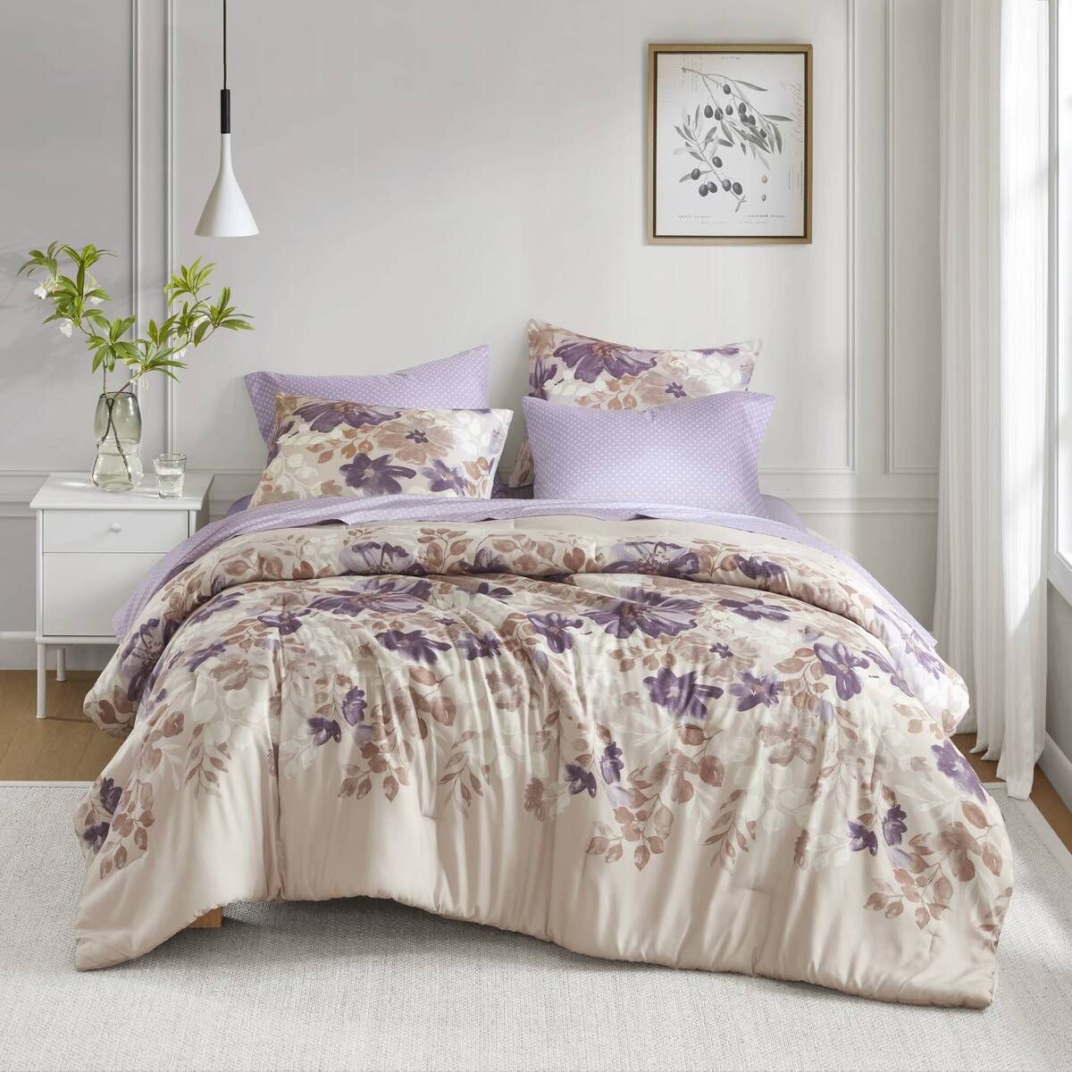 Nature-Inspired Floral Comforter Set with Bed Sheets – Beiges, Purples, and Brown Design