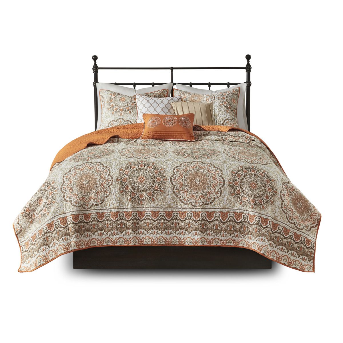 Moroccan Vibe, Cream, Browns, Orange and Gold Accents , 6-Piece Reversible Quilt Set with Throw Pillows -  Full/Queen Size