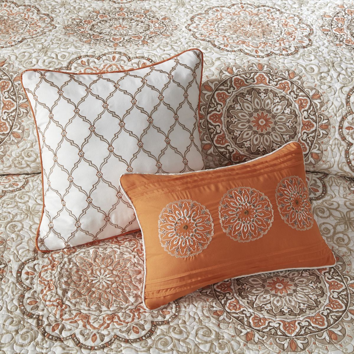 Moroccan Vibe, Cream, Browns, Orange and Gold Accents , 6-Piece Reversible Quilt Set with Throw Pillows -  Full/Queen Size