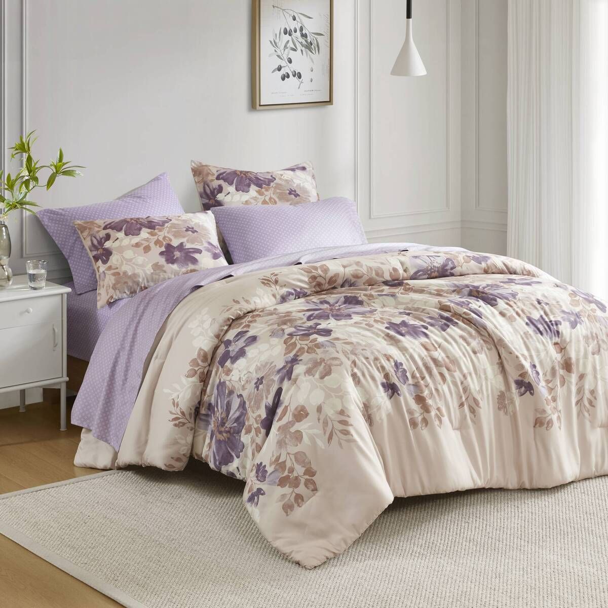 Nature-Inspired Floral Comforter Set with Bed Sheets – Beiges, Purples, and Brown Design