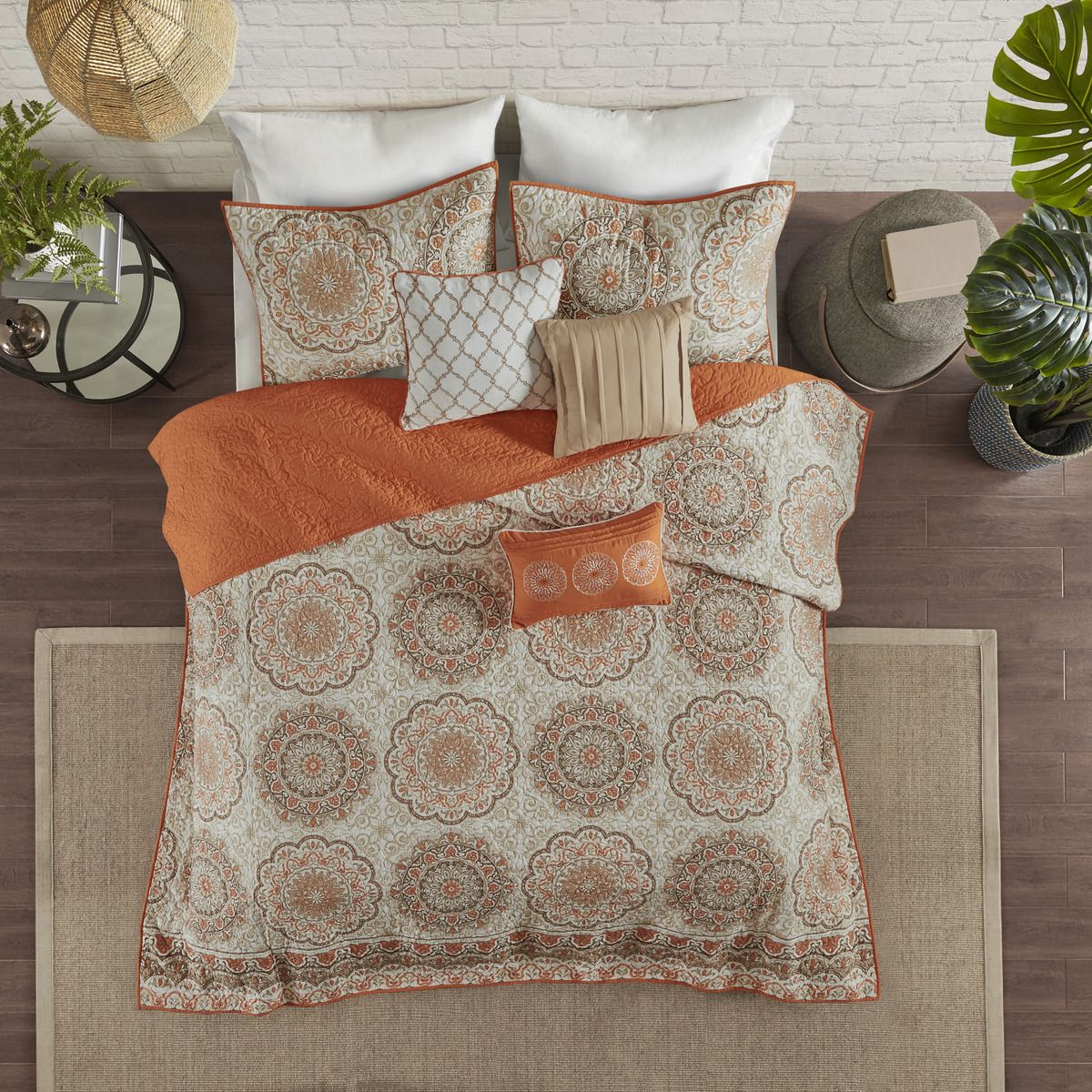 Moroccan Vibe, Cream, Browns, Orange and Gold Accents , 6-Piece Reversible Quilt Set with Throw Pillows -  Full/Queen Size