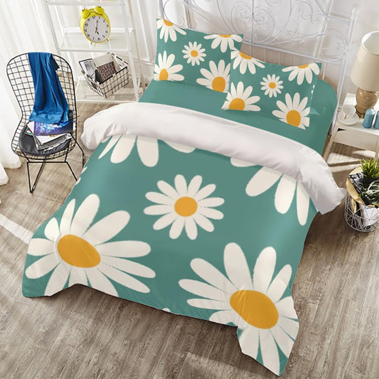 Floral Daisy Duvet Cover Set – Smokey Blue Background, Four-Piece Set