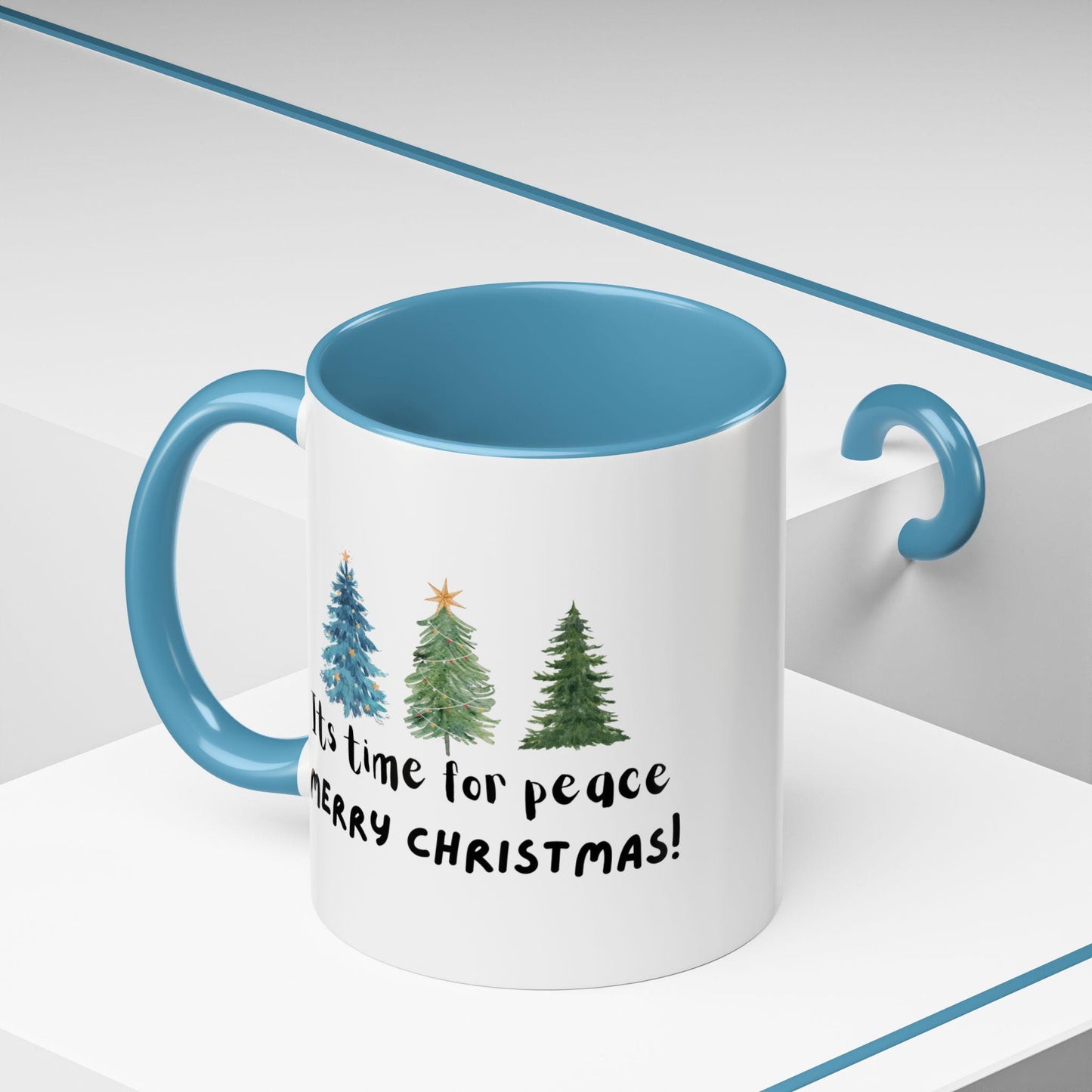 Its Time For Peace - Accent Coffee Mug - Christmas Trees Design, Peace, Festive Gift Idea, Ceramic Tea Cup, Hot Cocoa Mug,