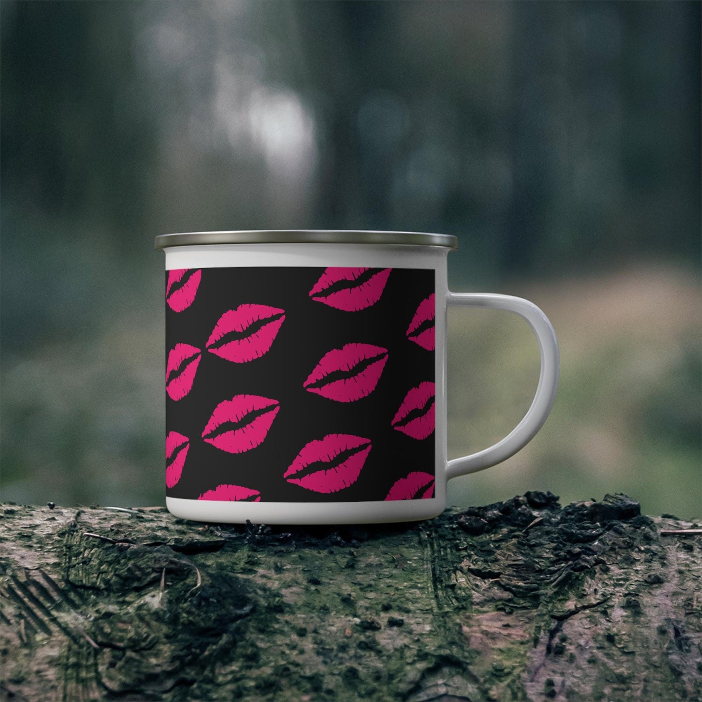 Enamel Camping Mug, APT kissy face, love mug for outdoor camping and patio living, sit around the fire, gift for campers, enamelware cup