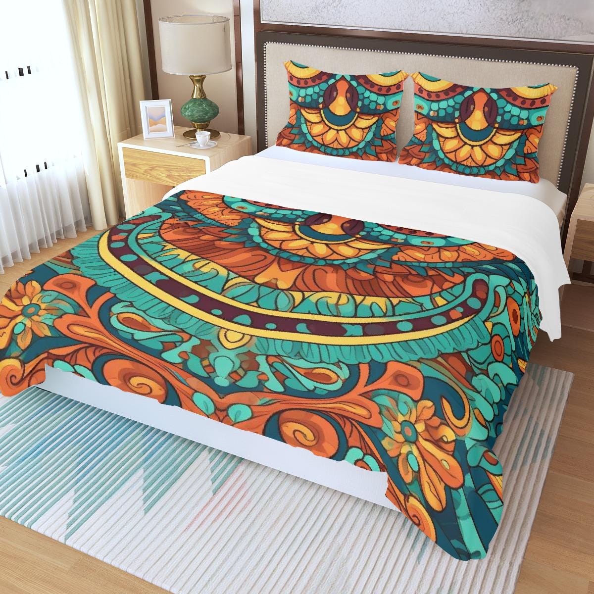 Brilliant Turquoise, Blue and Gold Temple Design Middle World 3 Piece Duvet Set