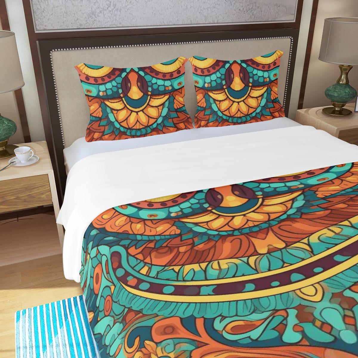 Brilliant Turquoise, Blue and Gold Temple Design Middle World 3 Piece Duvet Set