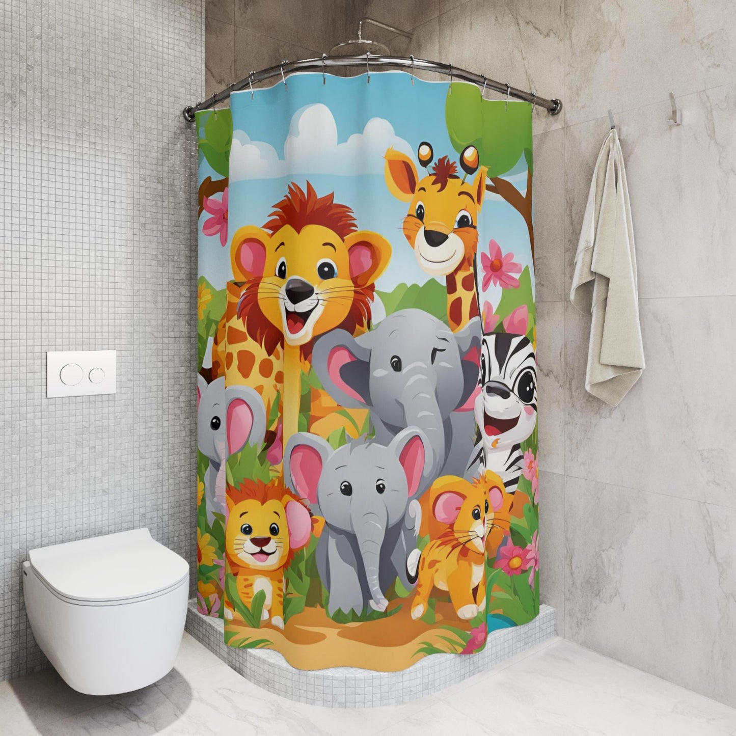 Safari Animals Shower Curtains - Baby Animals Bathroom Decor for Kids, Cute Jungle Animal Washroom Curtain with Happy Safari Creatures, Kids