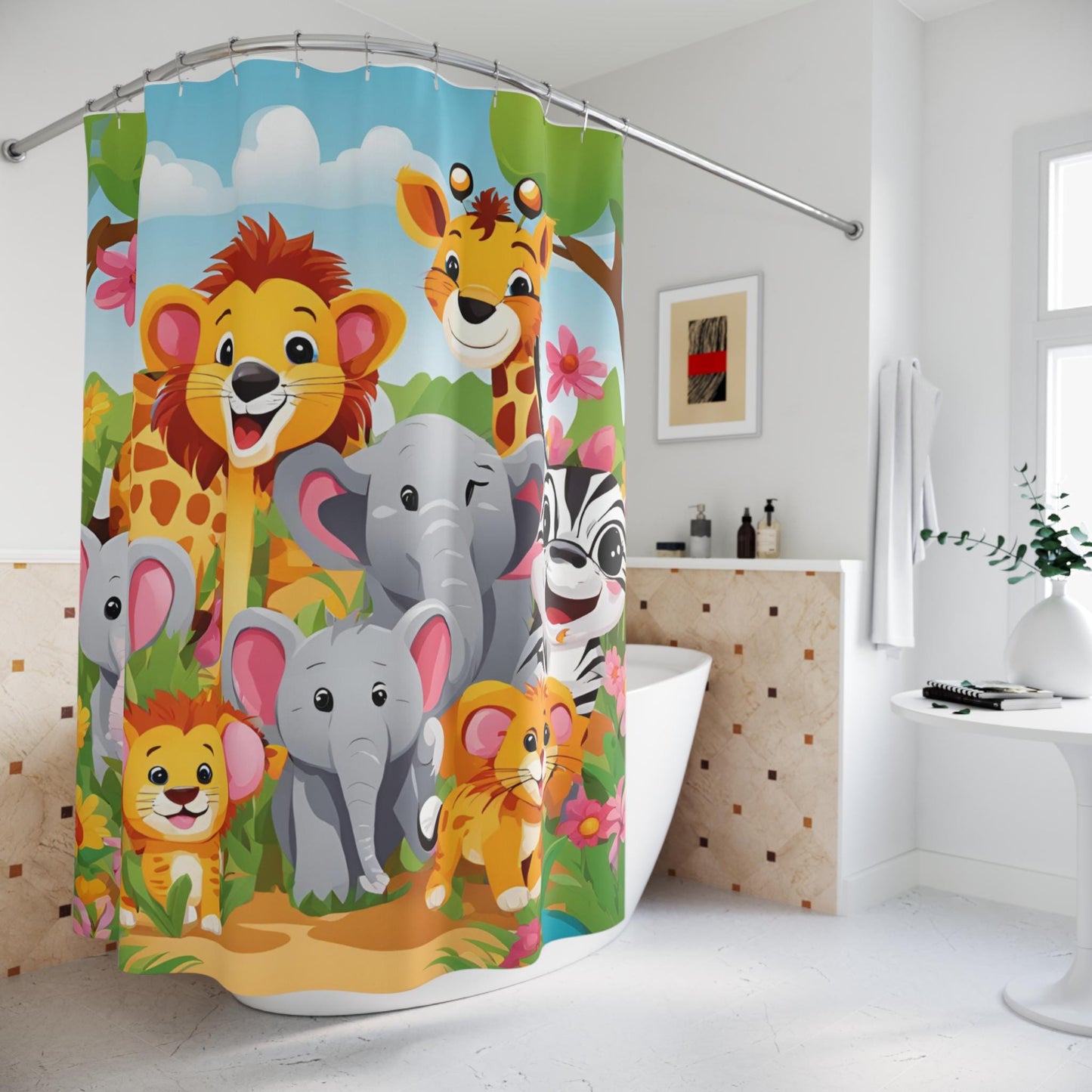 Safari Animals Shower Curtains - Baby Animals Bathroom Decor for Kids, Cute Jungle Animal Washroom Curtain with Happy Safari Creatures, Kids