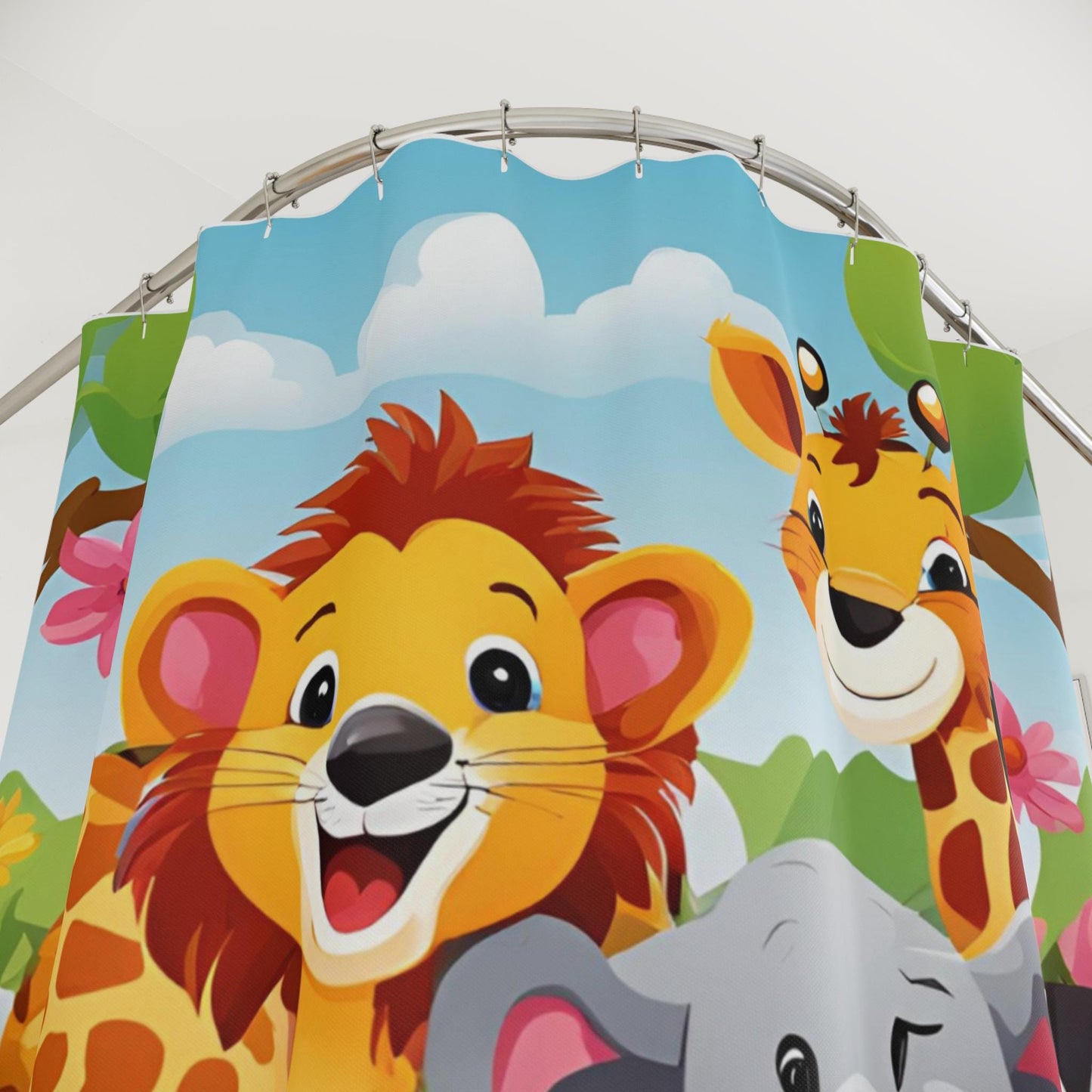 Safari Animals Shower Curtains - Baby Animals Bathroom Decor for Kids, Cute Jungle Animal Washroom Curtain with Happy Safari Creatures, Kids