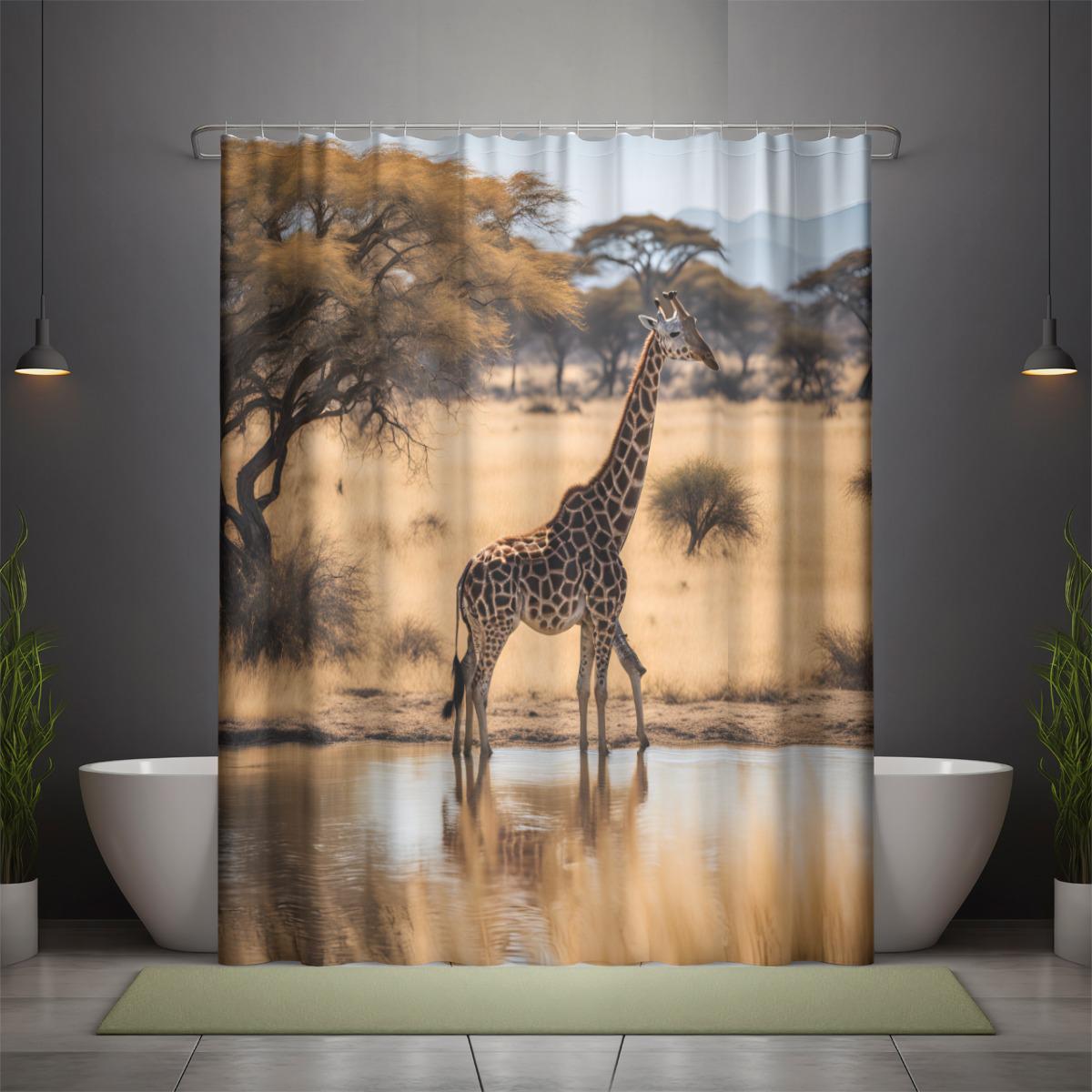 Giraffe cooling off in an African Water Hole Shower curtain 90(gsm)