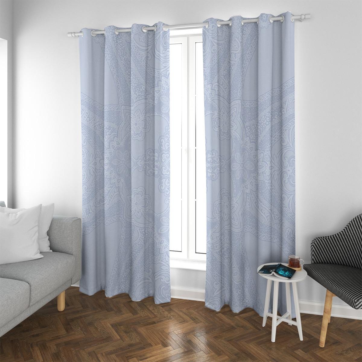 Summer Day Light Blue Patterned Blackout Grommet Curtains - 265 GSM