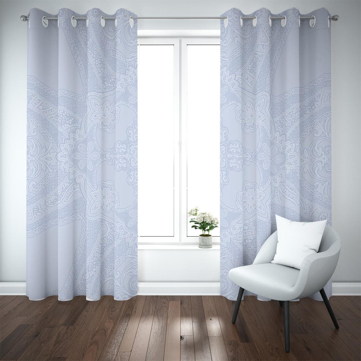 Summer Day Light Blue Patterned Blackout Grommet Curtains - 265 GSM