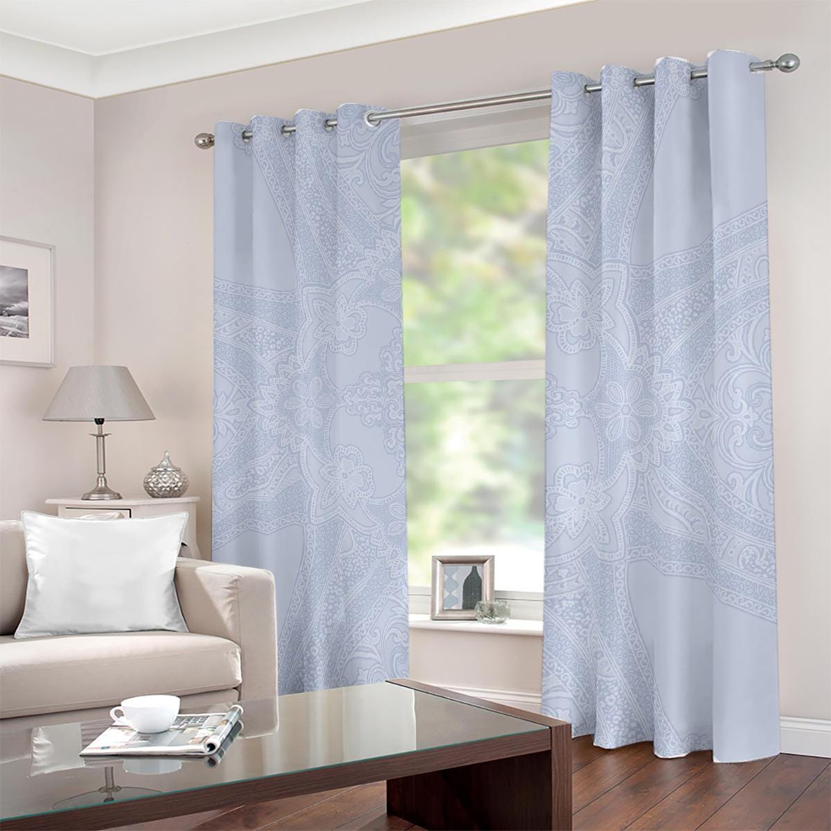 Summer Day Light Blue Patterned Blackout Grommet Curtains - 265 GSM