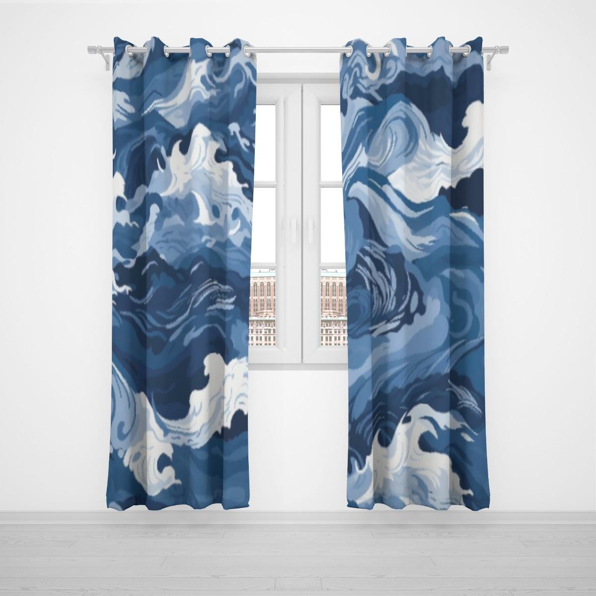 Ocean Waves & Wind Grommet Curtains – Turbulent Blue Seas (Large Size)