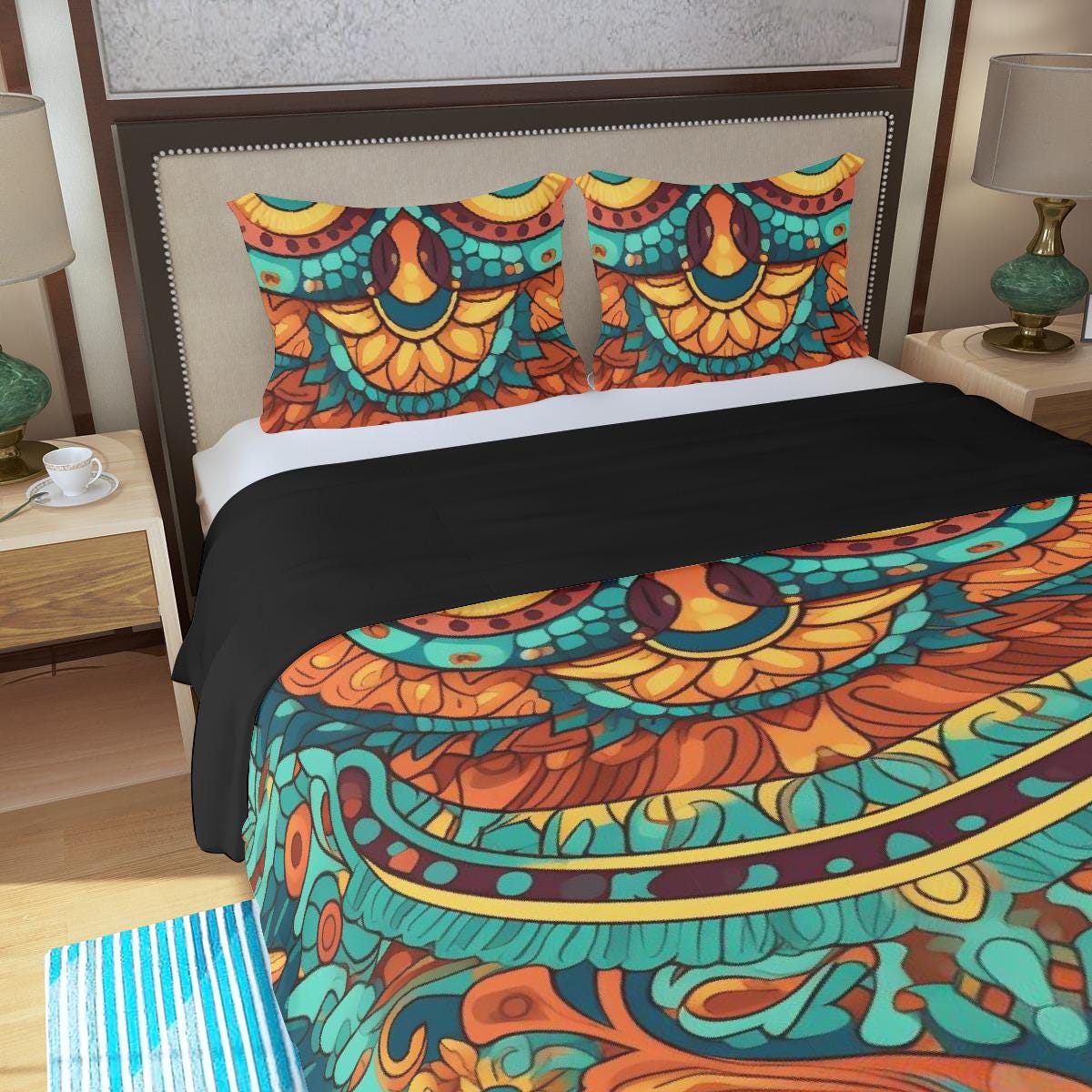 Brilliant Turquoise, Blue and Gold Temple Design Middle World 3 Piece Duvet Set